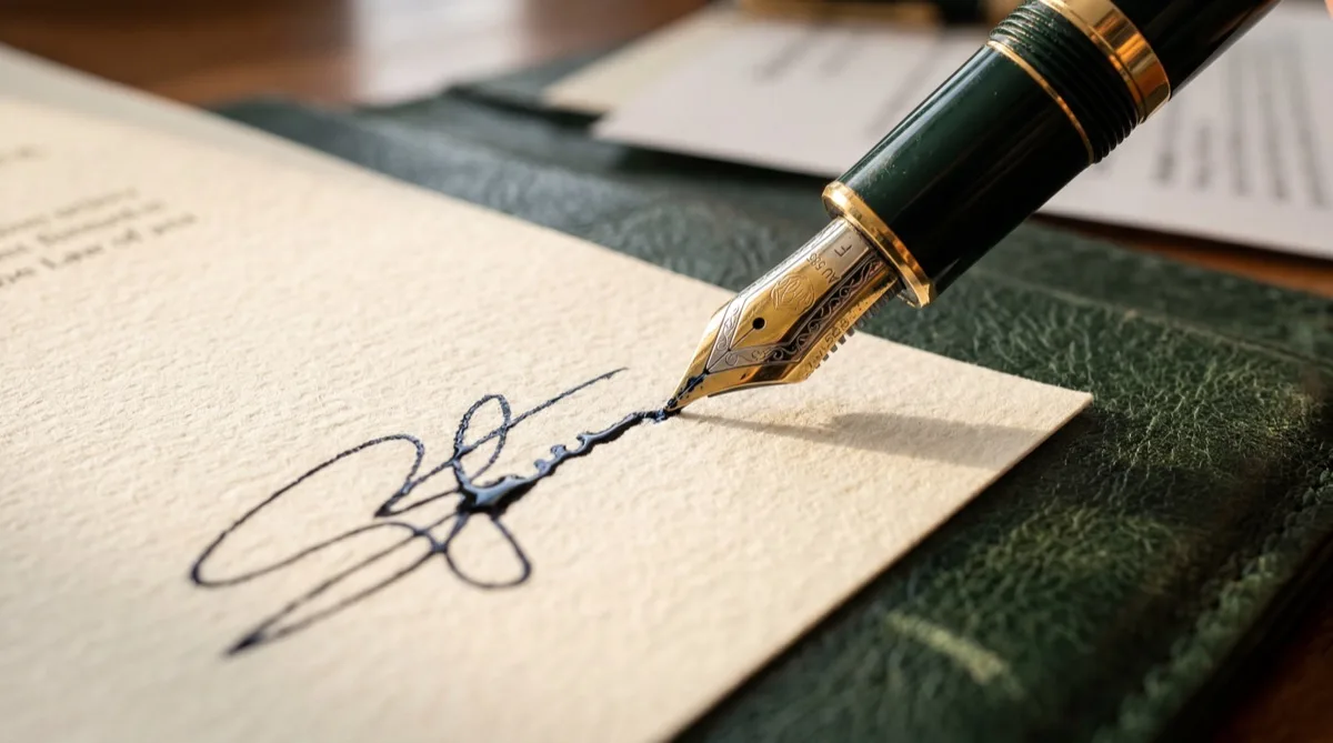 Caneta tinteiro assinando documento sobre couro verde